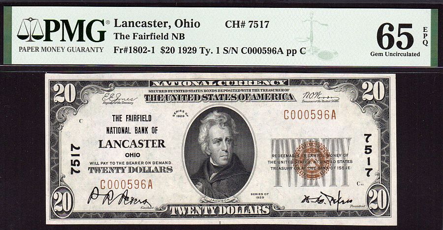 Lancaster, OH, 1929T1 $20, Charter #7517, Gem.CU, PMG65-EPQ, C000596A